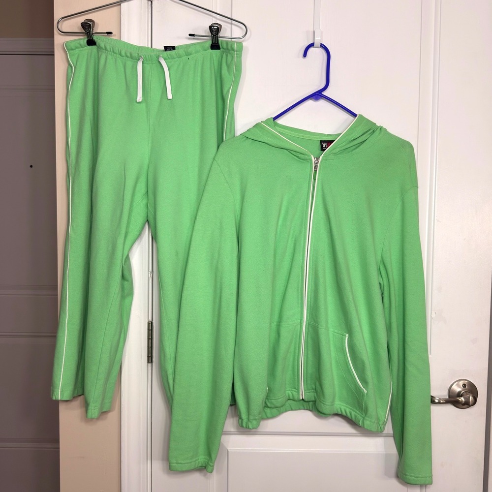 NY Jeans Tracksuit Set Lime Green Zip Hoodie & Pants Y2K Vintage Large